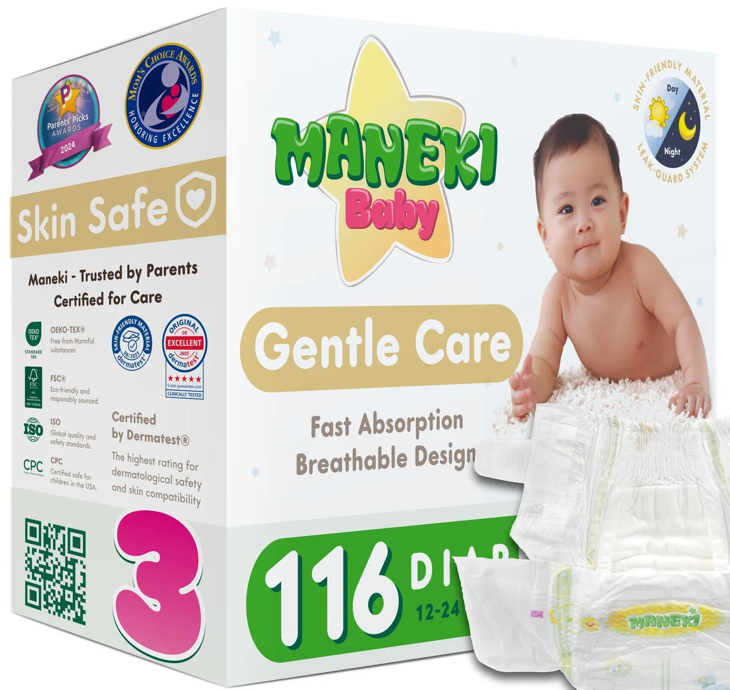 Maneki Baby Diapers, Size 4, Leak Protection, 50 ct