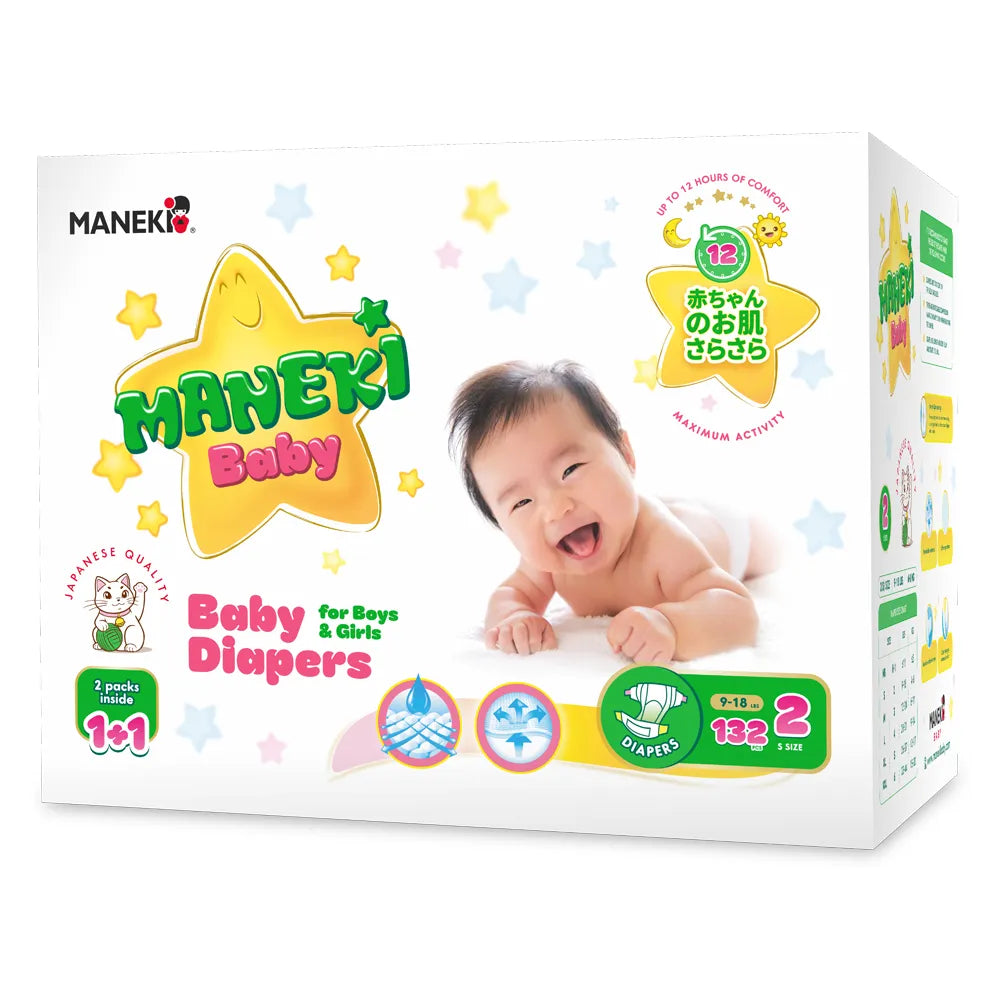 MANEKI Baby Diapers, Ultra-Thin, Super Absorbent, for Boys & Girls (2-Pack Box)